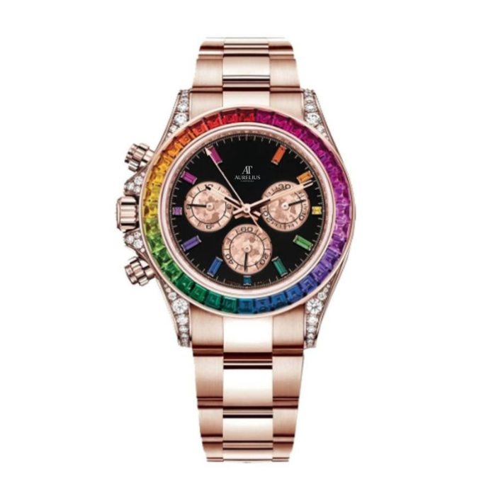 Chronograph 40 – Black Dial | Rose Gold Tone Bracelet & Multicolor Gem Bezel
